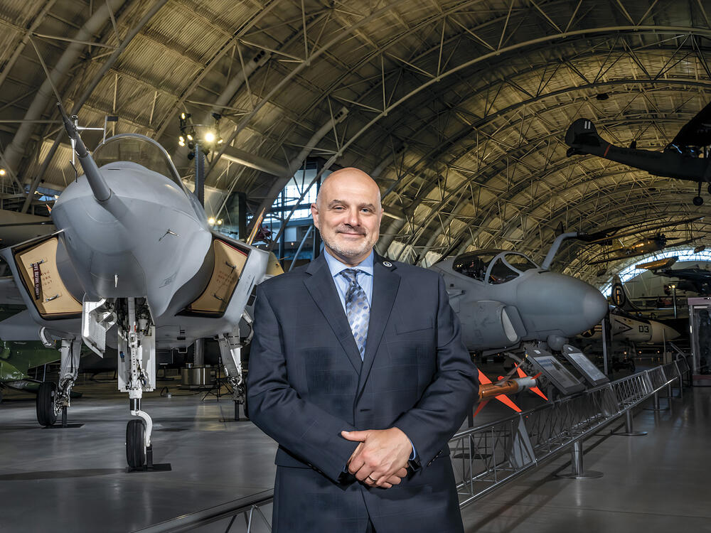 The nose of a large aircraft takes up the entire frame.