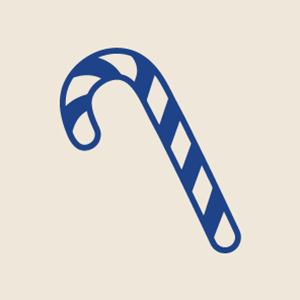 Illustrated candy cane that is moving from side to side. It is blue and cream