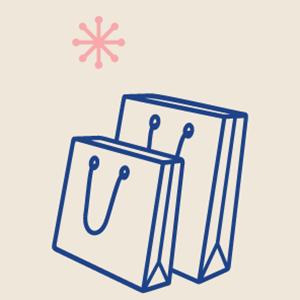 Illustrated shopping bags that are moving from side to side. They are blue and cream