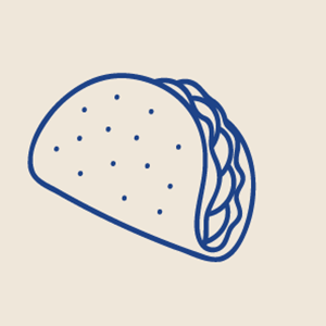 Illustrated taco that is moving from side to side. It is blue and cream