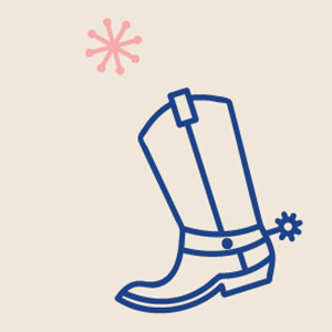 Illustrated cowboy boot with spur that is moving from side to side. It is blue and cream