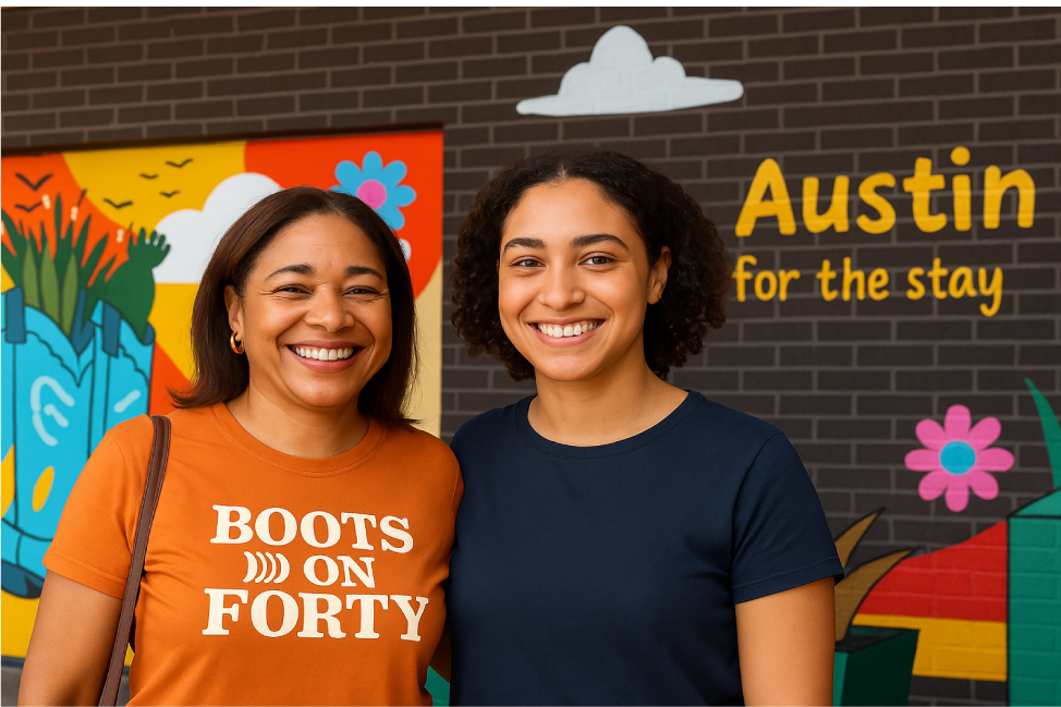 Two women stand in front of a brick wall at Hampton East Austin