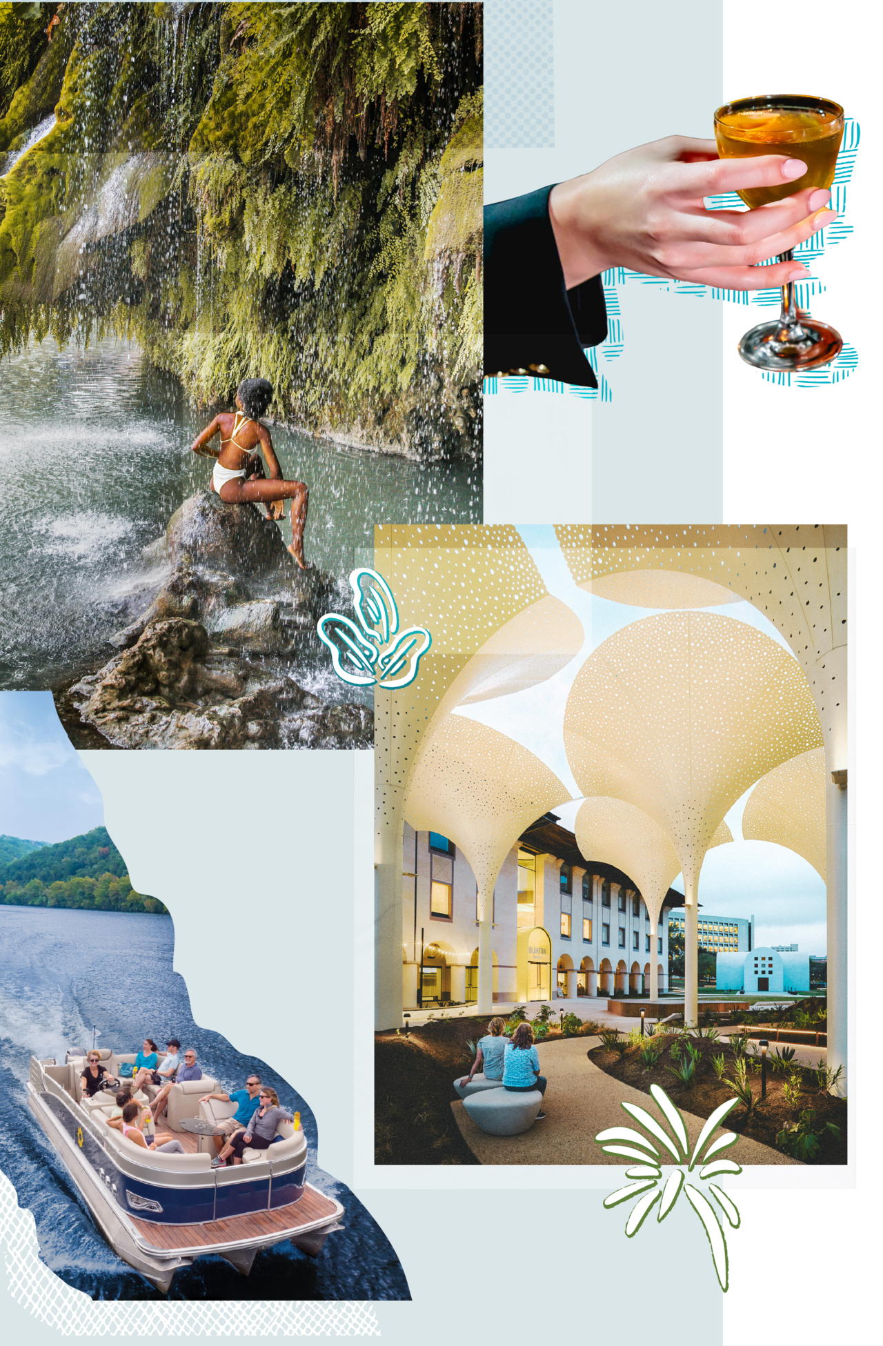 A collage featuring a woman by a lush waterfall, a boat full of people on a lake, and modern outdoor sculptures at Blanton Museum of Art. It includes lifestyle elements like a hand holding a cocktail and small botanical illustrations.