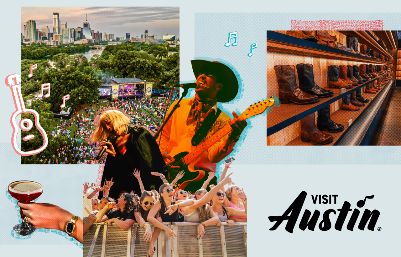 A vibrant collage showing a city skyline over a park, live musical performances on stage, a shelf of leather cowboy boots, and a cheering crowd at a concert. And the Visit Austin logo in the right corner.