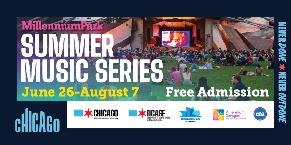 Promotional flyer for the free Summer Music Series from June 26 to Aug. 7, 2025, in Millennium Park, Chicago.