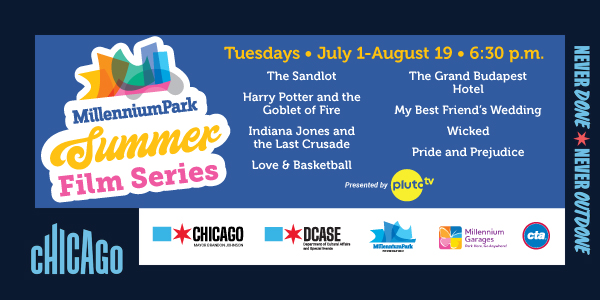 Promotional flyer for the free Summer Film Series from July 1 to Aug. 19, 2025, in Millennium Park, Chicago.