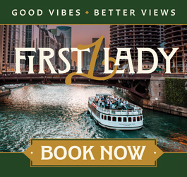 An open-air First Lady sightseeing boat cruises along the Chicago River  