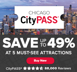 Promotional flyer for Chicago CityPass atop an aerial view of the Chicago skyline