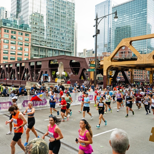 Elite runners follow the Bank of America Chicago Marathon course through city streets 