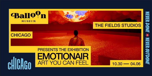 Promotional flyer with a multicolored round balloon, person's silhouette, and dark orange landscape to promote the Balloon Museum's EmotionAir exhibit in Chicago 