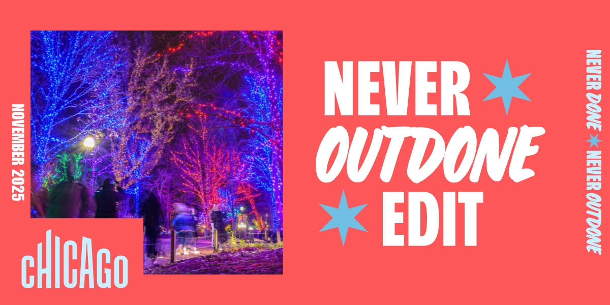 Illuminated trees glow in blue, purple, pink, gold, and green hues during ZooLights at Lincoln Park Zoo in Chicago