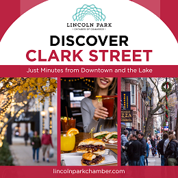 Promotional ad for Clark Street in Lincoln Park featuring three images of food and drinks