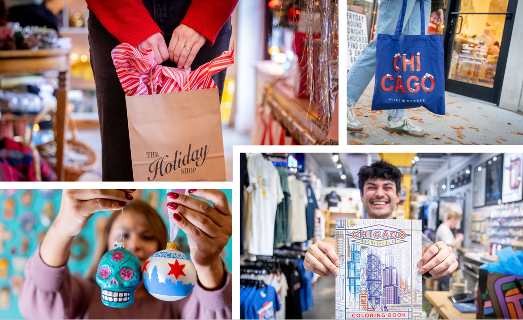A collage of four images featuring Chicago-themed gifts, including a tote bag, coloring book, and ornaments