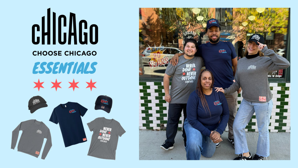 A group of people wear Chicago-branded apparel, including shirts and hats