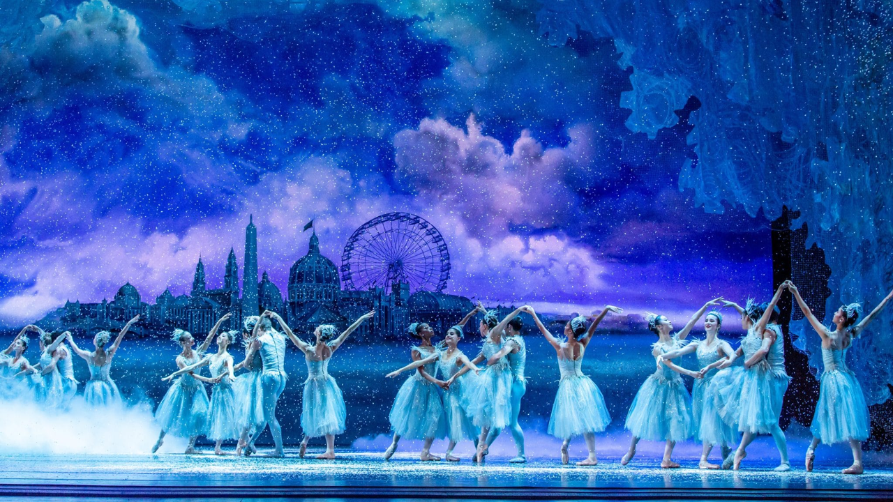 Joffrey Ballet dancers perform The Nutcracker against a backdrop depicting Chicago’s 1893 World’s Fair