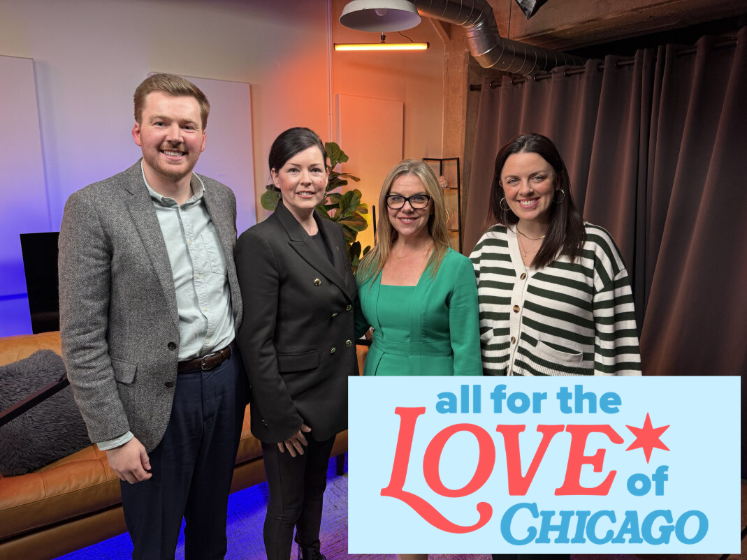 Irish Vice Consul Pádraig Manning and violinist Patricia Treacy with hosts Kristen Reynolds and Lisa Nucci on the All for the Love of Chicago podcast set