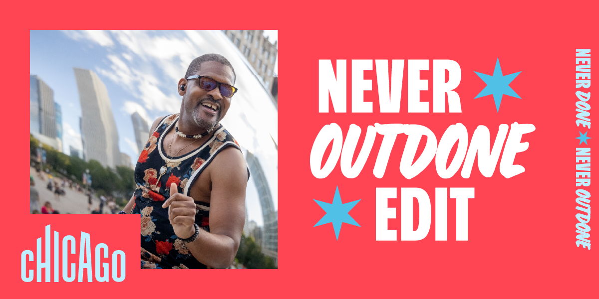 Never Outdone Edit graphic with image of man dancing in front of the Bean