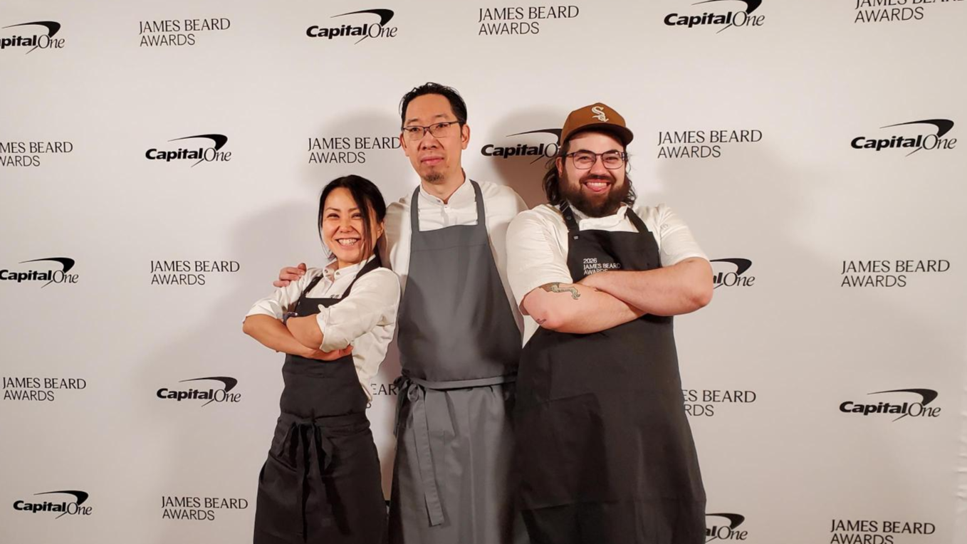 Three Chicago chefs pose at a James Beard Foundation event