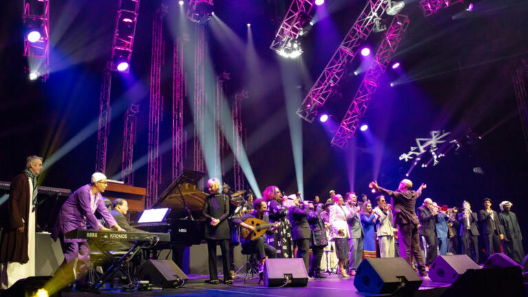 A packed stage of jazz performers at a previous International jazz Day event