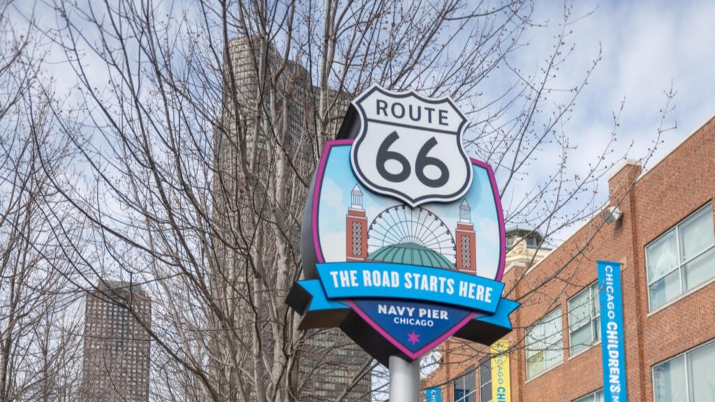New centennial starting point sign for Route 66 at Navy Pier in Chicago