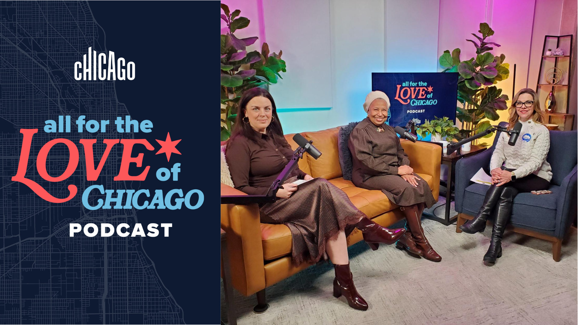All for the Love of Chicago podcast hosts Lisa Nucci and Kristen Reynolds seated with Ambassador Carol Moseley Braun