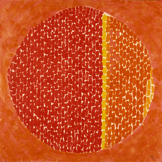 The orange-toned painting Snoopy Sees Earth Wrapped in Sunset was created by artist Alma Thomas in 1970.