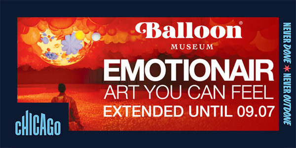 Promotional flyer for the Balloon Museum's EmotionAir exhibit, extended to Sept. 7, 2026