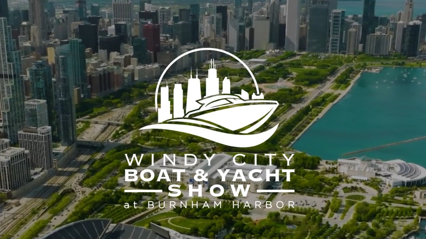 Windy City Boat & Yacht Show logo over image of skyline and lake