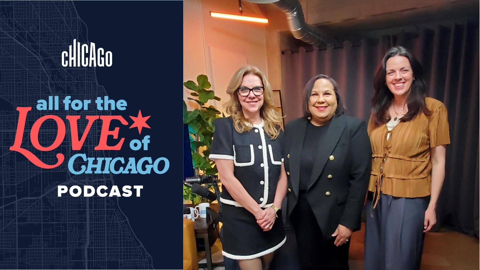 All for the Love of Chicago podcast hosts Lisa Nucci and Kristen Reynolds pose with Dr. Chevy Humphrey