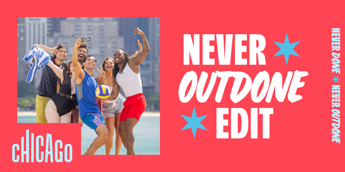 Never Outdone Edit graphic with image of man dancing in front of the Bean