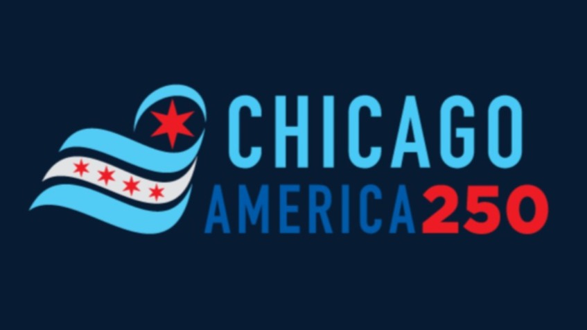 Chicago America 250 logo on dark blue background