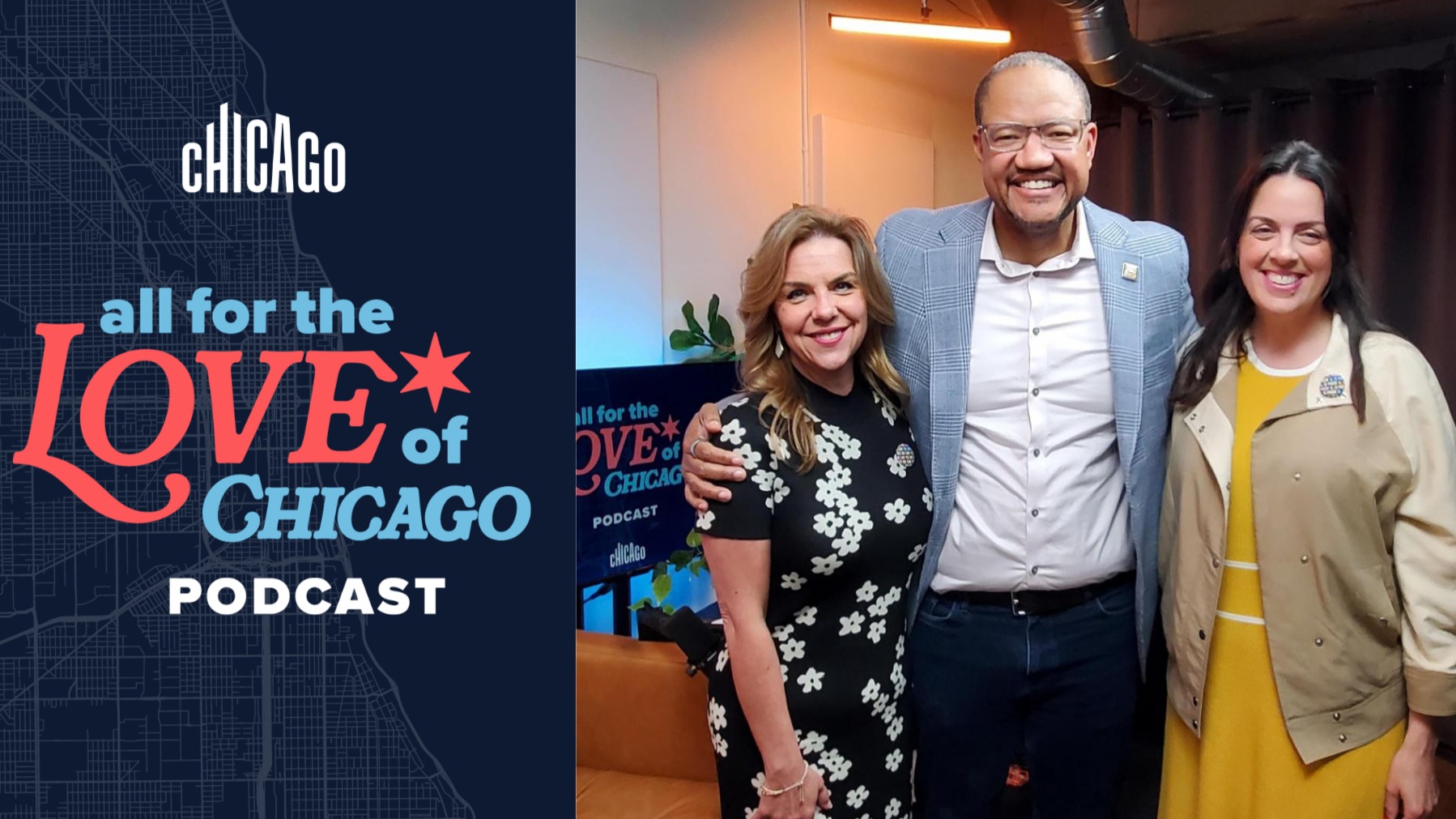 All for the Love of Chicago podcast hosts Lisa Nucci and Kristen Reynolds pose with Michael Strautmanis of the Obama Foundation