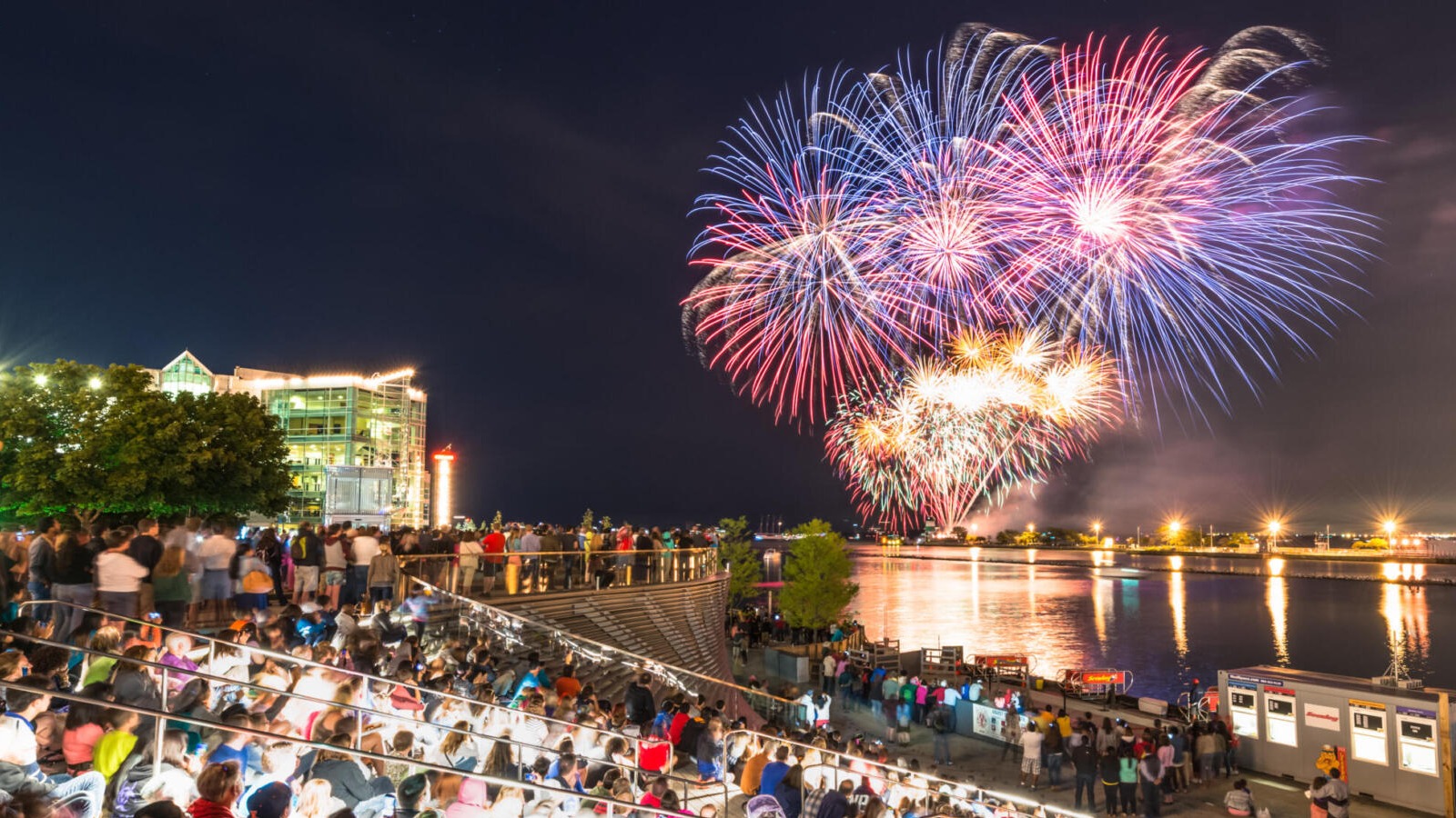 A crowd gathered at Navy Pier to watch a summer fireworks display