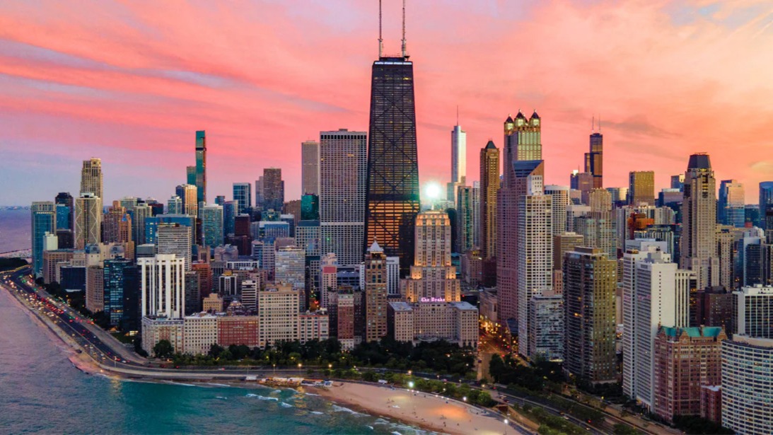 Chicago skyline at sunset