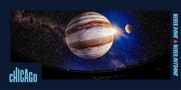 Flyer depicts Jupiter on the Adler Planetarium dome as a promotion for shows in Chicago
