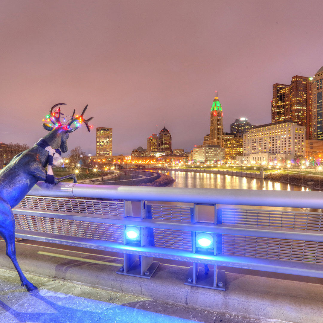 Image of a festive deer statue enjoying the sights and sounds of the holiday season.