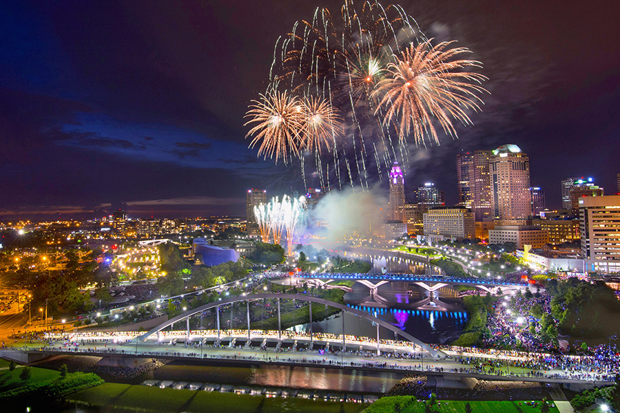 Image of fireworks over the Columbus skyline.