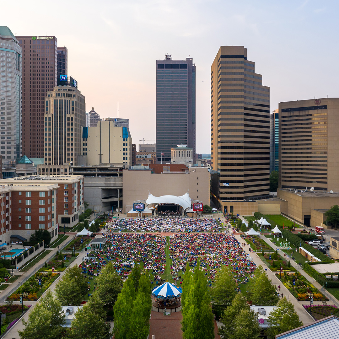 Aerial image of Picnic with the Pops at Columbus Commons.