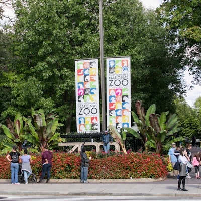 Entrance to the Smithsonian's National Zoo in Washington, DC, with colorful banners and visitors gathered near lush greenery.