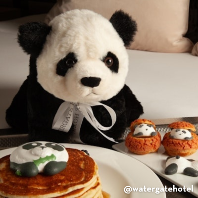 A stuffed panda sits next to a breakfast spread featuring panda-shaped pastries and pancakes at The Watergate Hotel in Washington, DC.