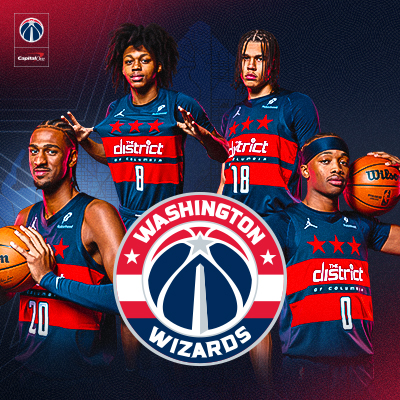 A promotional graphic featuring five Washington Wizards basketball players in navy blue and red jerseys, with the team's logo prominently displayed in the center.