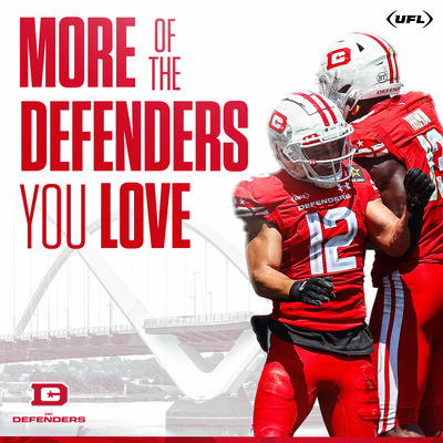 A promotional graphic for the DC Defenders, featuring two football players in red uniforms celebrating, with bold red and white text stating ''More of the Defenders You Love'' and the UFL logo in the corner.