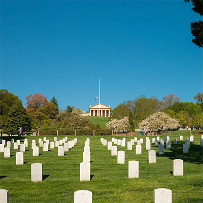 A view of headstones at Arlington National Cemetery.
