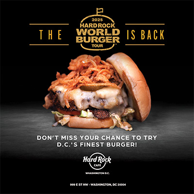 A towering cheeseburger topped with crispy fried onions is featured in a Hard Rock Cafe promotion for the 2025 World Burger Tour in Washington, DC.