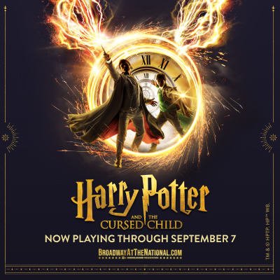Promotional graphic for Harry Potter and the Cursed Child now playing at the National Theatre in Washington, DC through September 7.
