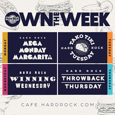 Hard Rock Cafe promotion highlighting themed specials for each weekday in Washington, DC.