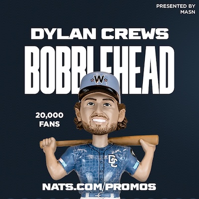 Promotional graphic for a Dylan Crews bobblehead giveaway at a Washington Nationals game.