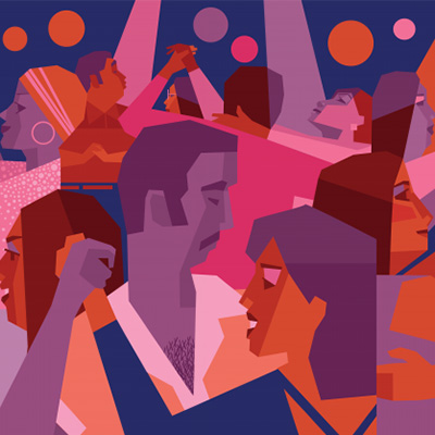 Colorful, abstract illustration of couples dancing closely in shades of red, pink, purple and blue, with circular lights in the background creating a lively atmosphere.