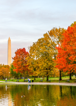 The Washington Monument rises behind colorful fall trees reflected in the water in Washington, DC.