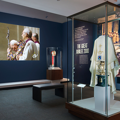 Artifacts from the Jubilee of 2000 in the Saint John Paul II exhibit at the Shrine.